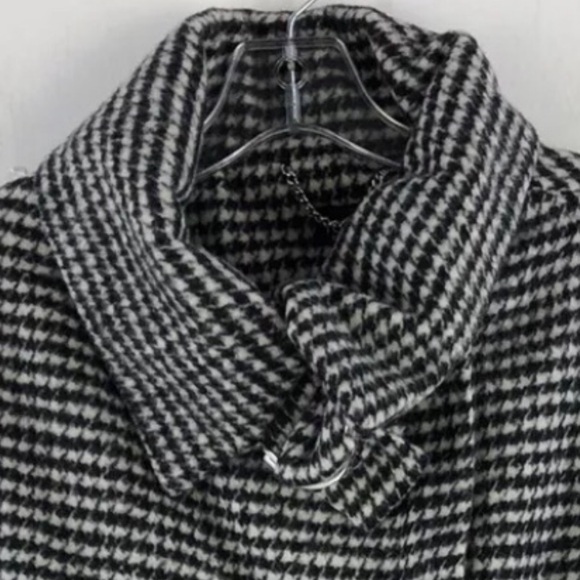 TOPSHOP B/W Houndstooth Wool Blend Pea Coat w Belted Collar & Hem Zipper Pockets - Picture 11 of 13